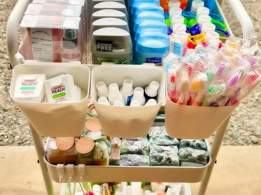 Carts of hygiene and household supplies ready for distribution